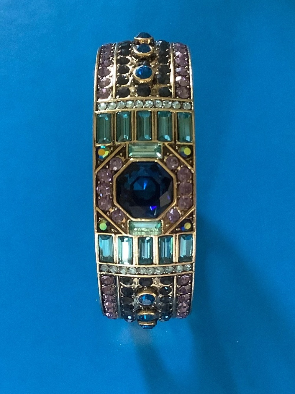 Heidi Daus Lavish Layers Art Deco Large Hinged Bangle Bracelet Blue Multi SZ M